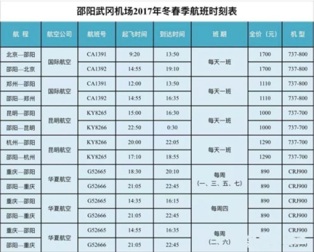 邵阳武冈机场航班时刻表 武冈机场航班表